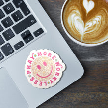 Load image into Gallery viewer, Inspirational Vinyl Sticker Faith Design Cute Scallop Pink Border Christian Decal Pray More Worry Less Water Resistant Laptop Decoration