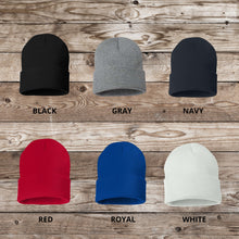 Load image into Gallery viewer, Hockey Mom Beanie Winter Hat Leather Patch Custom Design Sport Team Hockey Mom Gift Idea Winter Wear Warm Accessory Fur Pom Knit Cap Rink