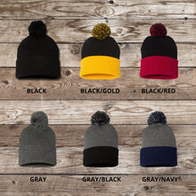 Load image into Gallery viewer, Band Mom Beanie Winter Hat Leather Patch Mom Gift Band Fan Winter Wear Warm Beanie Pom Top Cold Weather Rink Accessory Team Mom Sport