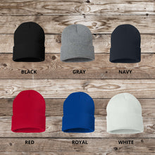 Load image into Gallery viewer, Hockey Mom Beanie Winter Hat Leather Patch Custom Design Sport Team Hockey Mom Gift Idea Winter Wear Warm Accessory Fur Pom Knit Cap Rink