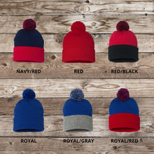 Load image into Gallery viewer, Baseball Mom Beanie Winter Hat Leather Patch Mom Gift Baseball Fan Winter Wear Warm Beanie Pom Top Cold Weather Accessory Team Mom Sport