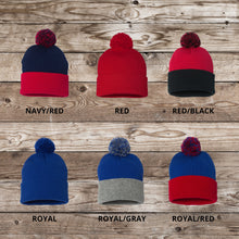 Load image into Gallery viewer, Hockey Mom Beanie Winter Hat Leather Patch Mom Gift Hockey Fan Winter Wear Warm Beanie Pom Top Cold Weather Rink Accessory Team Mom Sport