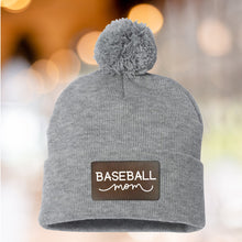 Load image into Gallery viewer, Baseball Mom Beanie Winter Hat Leather Patch Mom Gift Baseball Fan Winter Wear Warm Beanie Pom Top Cold Weather Accessory Team Mom Sport