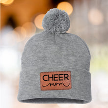 Load image into Gallery viewer, Cheer Mom Beanie Winter Hat Leather Patch Mom Gift Cheer Fan Winter Wear Warm Beanie Pom Top Cold Weather Field Accessory Team Mom Sport