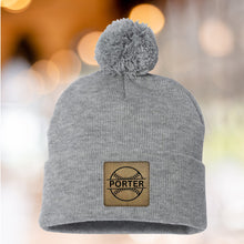 Load image into Gallery viewer, Softball Mom Beanie Winter Hat Leather Patch Custom Design Sport Team Softball Mom Gift Idea Winter Wear Warm Accessory Fur Pom Knit Cap