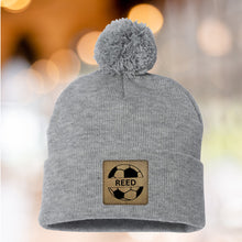 Load image into Gallery viewer, Soccer Mom Beanie Winter Hat Leather Patch Custom Design Sport Team Soccer Mom Gift Idea Winter Wear Warm Accessory Fur Pom Knit Cap Rink
