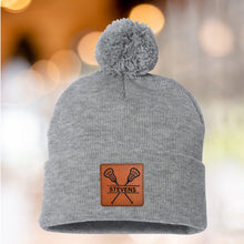 Load image into Gallery viewer, Lacrosse Mom Beanie Winter Hat Leather Patch Custom Design Sport Team Lacrosse Mom Gift Idea Winter Wear Warm Accessory Fur Pom Knit Cap