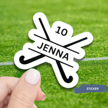 Load image into Gallery viewer, Field Hockey Sticker Custom Design Vinyl Decal Water Resistant Label Maker Custom Name Team Number Sports Gift Athlete Personalization Messy