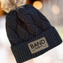 Load image into Gallery viewer, Band Mom Beanie Winter Hat Leather Patch Mom Gift Band Fan Winter Wear Warm Beanie Pom Top Cold Weather Rink Accessory Team Mom Sport
