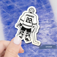 Load image into Gallery viewer, Hockey Goalie Sticker Custom Name Team Logo Water Resistant Vinyl Decal Sports Decal Hockey Gifts Player Number Customization Black White