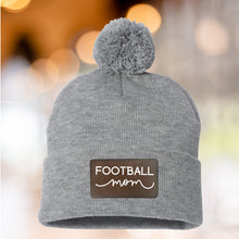 Load image into Gallery viewer, Football Mom Beanie Winter Hat Leather Patch Mom Gift Football Fan Winter Wear Warm Beanie Pom Top Cold Weather Field Accessory Team Mom