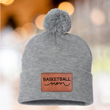 Load image into Gallery viewer, Basketball Mom Beanie Winter Hat Leather Patch Mom Gift Basketball Fan Winter Wear Warm Beanie Pom Top Cold Weather Accessory Team Mom Sport