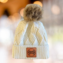 Load image into Gallery viewer, Baseball Mom Beanie Winter Hat Leather Patch Custom Design Sport Team Baseball Mom Gift Idea Winter Wear Warm Accessory Fur Pom Knit Cap