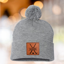 Load image into Gallery viewer, Field Hockey Mom Beanie Winter Hat Leather Patch Custom Design Sport Team Field Hockey Mom Gift Idea Winter Wear Warm Accessory Knit Cap