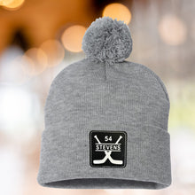 Load image into Gallery viewer, Hockey Mom Beanie Winter Hat Leather Patch Custom Design Sport Team Hockey Mom Gift Idea Winter Wear Warm Accessory Fur Pom Knit Cap Rink