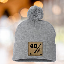 Load image into Gallery viewer, Hockey Mom Beanie Winter Hat Leather Patch Custom Design Sport Team Hockey Mom Gift Idea Winter Wear Warm Accessory Fur Pom Knit Cap Rink