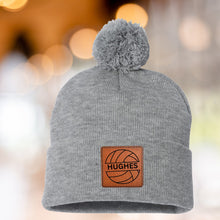 Load image into Gallery viewer, Volleyball Mom Beanie Winter Hat Leather Patch Custom Design Sport Team Volleyball Mom Gift Idea Winter Wear Warm Accessory Fur Pom Knit Cap