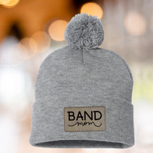 Load image into Gallery viewer, Band Mom Beanie Winter Hat Leather Patch Mom Gift Band Fan Winter Wear Warm Beanie Pom Top Cold Weather Rink Accessory Team Mom Sport