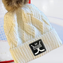 Load image into Gallery viewer, Hockey Mom Beanie Winter Hat Leather Patch Custom Design Sport Team Hockey Mom Gift Idea Winter Wear Warm Accessory Fur Pom Knit Cap Rink