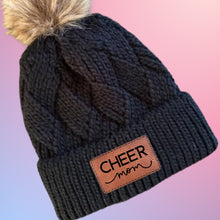 Load image into Gallery viewer, Cheer Mom Beanie Winter Hat Leather Patch Mom Gift Cheer Fan Winter Wear Warm Beanie Pom Top Cold Weather Field Accessory Team Mom Sport