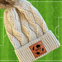 Load image into Gallery viewer, Soccer Beanie Hat Winter Accessory Leather Patch Custom Design Soccer Gift Winter Wear Warm Cap Custom Name Soccer Player Team Gear Cold