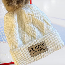 Load image into Gallery viewer, Hockey Mom Beanie Winter Hat Leather Patch Mom Gift Hockey Fan Winter Wear Warm Beanie Pom Top Cold Weather Rink Accessory Team Mom Sport