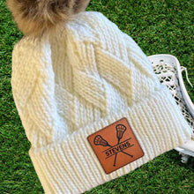 Load image into Gallery viewer, Lacrosse Mom Beanie Winter Hat Leather Patch Custom Design Sport Team Lacrosse Mom Gift Idea Winter Wear Warm Accessory Fur Pom Knit Cap