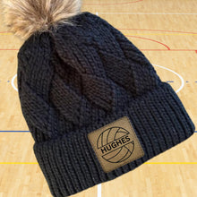 Load image into Gallery viewer, Volleyball Mom Beanie Winter Hat Leather Patch Custom Design Sport Team Volleyball Mom Gift Idea Winter Wear Warm Accessory Fur Pom Knit Cap