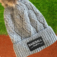 Load image into Gallery viewer, Baseball Mom Beanie Winter Hat Leather Patch Mom Gift Baseball Fan Winter Wear Warm Beanie Pom Top Cold Weather Accessory Team Mom Sport