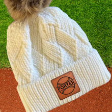 Load image into Gallery viewer, Baseball Mom Beanie Winter Hat Leather Patch Custom Design Sport Team Baseball Mom Gift Idea Winter Wear Warm Accessory Fur Pom Knit Cap