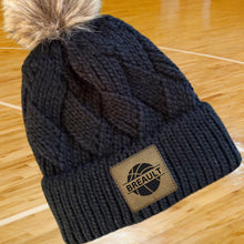 Load image into Gallery viewer, Basketball Mom Beanie Winter Hat Leather Patch Custom Design Sport Team Basketball Mom Gift Idea Winter Wear Warm Accessory Fur Pom Knit Cap