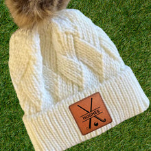 Load image into Gallery viewer, Field Hockey Mom Beanie Winter Hat Leather Patch Custom Design Sport Team Field Hockey Mom Gift Idea Winter Wear Warm Accessory Knit Cap