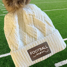 Load image into Gallery viewer, Football Mom Beanie Winter Hat Leather Patch Mom Gift Football Fan Winter Wear Warm Beanie Pom Top Cold Weather Field Accessory Team Mom