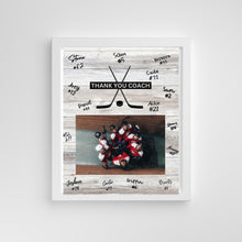 Load image into Gallery viewer, Hockey Coach Gift Frame Template Design Download Digital File Size Print Thank You Hockey Trainer Team Photo Memory Keepsake Wood Background