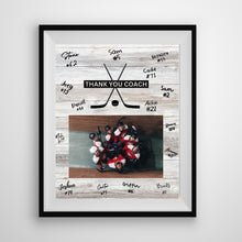 Load image into Gallery viewer, Hockey Coach Gift Frame Template Design Download Digital File Size Print Thank You Hockey Trainer Team Photo Memory Keepsake Wood Background