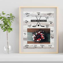 Load image into Gallery viewer, Hockey Coach Gift Frame Template Design Download Digital File Size Print Thank You Hockey Trainer Team Photo Memory Keepsake Wood Background