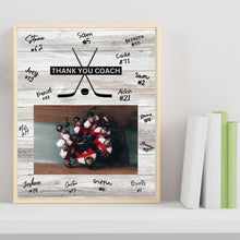 Load image into Gallery viewer, Hockey Coach Gift Frame Template Design Download Digital File Size Print Thank You Hockey Trainer Team Photo Memory Keepsake Wood Background
