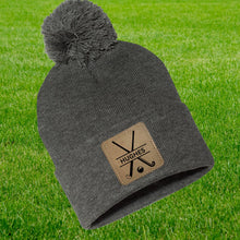 Load image into Gallery viewer, Field Hockey Beanie Personalized Winter Hat Leather Patch Field Hockey Design Custom Name Number Customization Gift Idea Field Hockey Mom