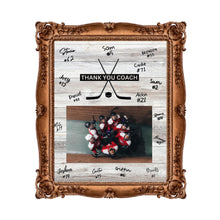 Load image into Gallery viewer, Hockey Coach Gift Frame Template Design Download Digital File Size Print Thank You Hockey Trainer Team Photo Memory Keepsake Wood Background