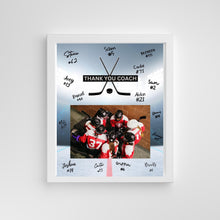 Load image into Gallery viewer, Hockey Coach Gift Frame Template Design Download Digital File Size Print Thank You Hockey Trainer Team Photo Memory Keepsake Rink Background