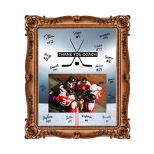 Load image into Gallery viewer, Hockey Coach Gift Frame Template Design Download Digital File Size Print Thank You Hockey Trainer Team Photo Memory Keepsake Rink Background