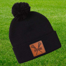Load image into Gallery viewer, Lacrosse Beanie Hat Winter Accessory Leather Patch Custom Design Lacrosse Gift Winter Wear Warm Cap Custom Name Lacrosse Player Team Gear