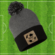 Load image into Gallery viewer, Soccer Beanie Hat Winter Accessory Leather Patch Custom Design Soccer Gift Winter Wear Warm Cap Custom Name Soccer Player Team Gear Cold