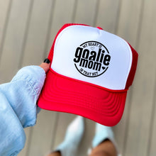 Load image into Gallery viewer, Goalie Mom Hat Mesh Back Foam Panel Heart Design Team Spirit Game Day Sports Mom Gift Idea Custom Headwear Proud Family Sports Supporter
