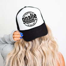 Load image into Gallery viewer, Goalie Mom Hat Mesh Back Foam Panel Heart Design Team Spirit Game Day Sports Mom Gift Idea Custom Headwear Proud Family Sports Supporter