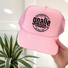 Load image into Gallery viewer, Goalie Mom Hat Mesh Back Foam Panel Heart Design Team Spirit Game Day Sports Mom Gift Idea Custom Headwear Proud Family Sports Supporter