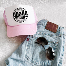 Load image into Gallery viewer, Goalie Mom Hat Mesh Back Foam Panel Heart Design Team Spirit Game Day Sports Mom Gift Idea Custom Headwear Proud Family Sports Supporter